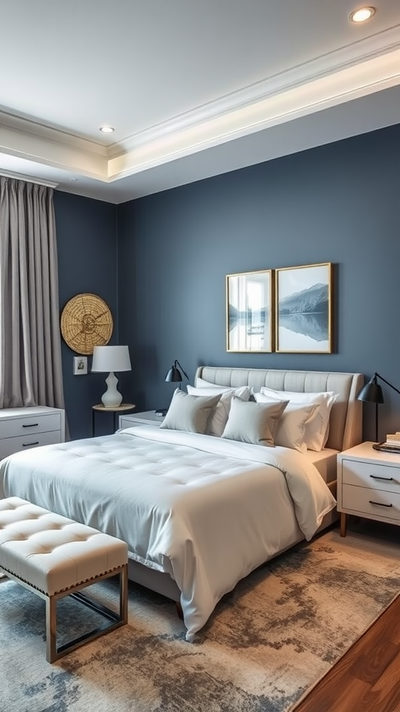 See the full list of 50+ blue gray bedroom designs, including this stylish bedroom featuring blue-gray walls, a cozy bed with neutral bedding, and chic decor.