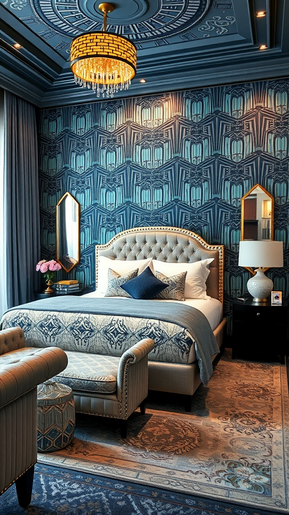 A stylish bedroom featuring blue-gray Art Deco wallpaper, a luxurious bed, and elegant decor.