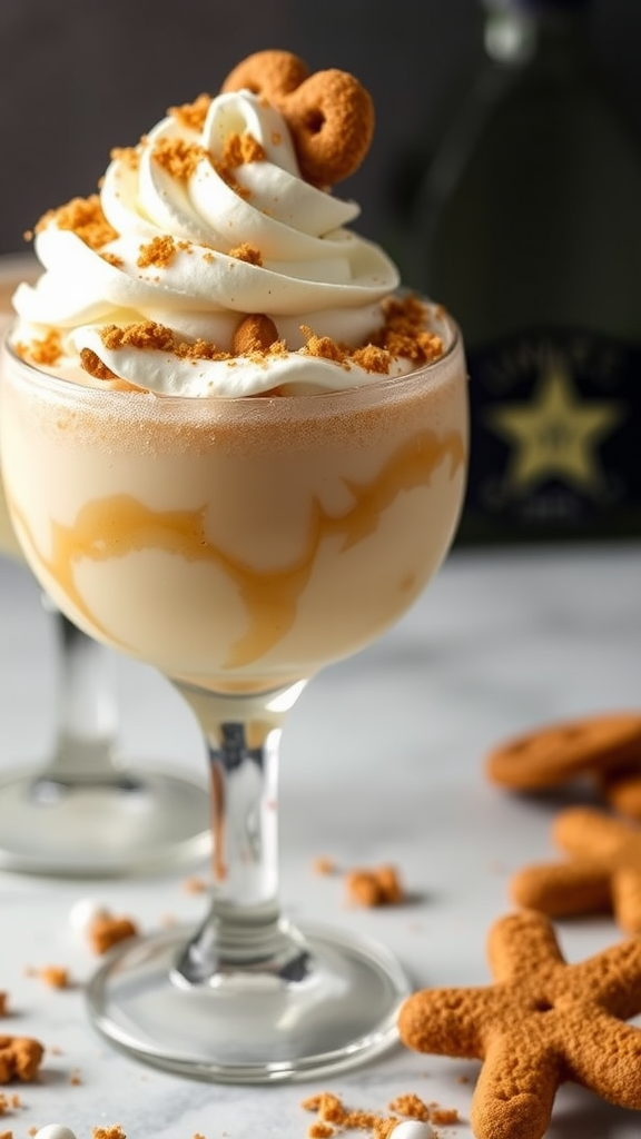 A delicious Gingerbread White Russian cocktail topped with whipped cream and gingerbread crumbs.