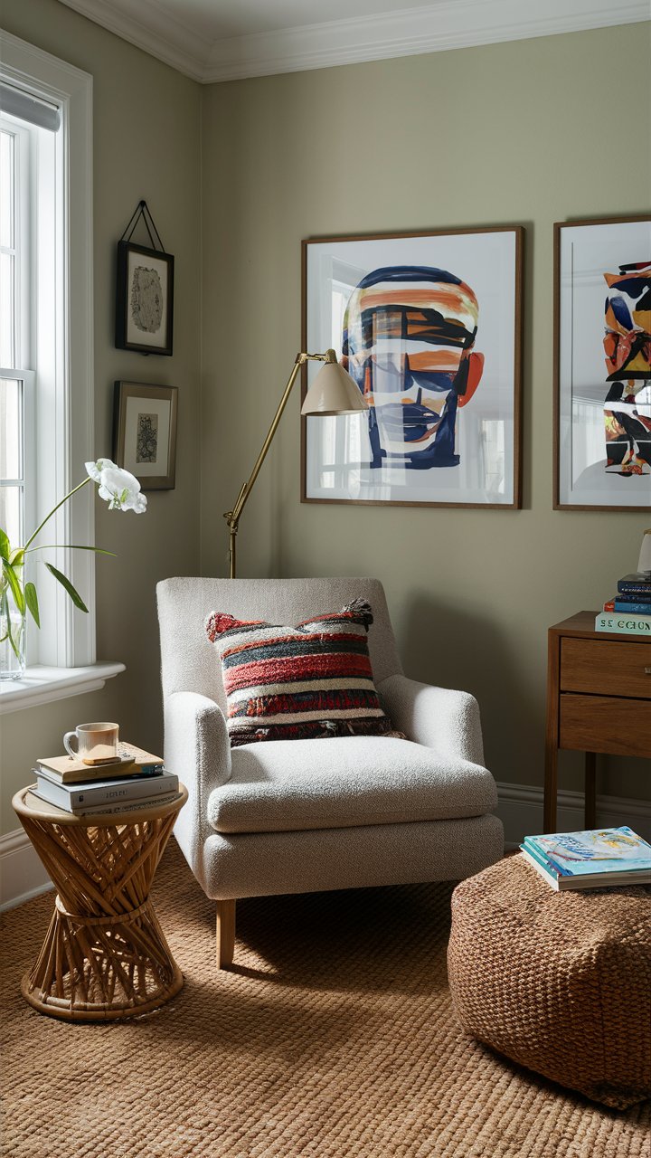 In one corner of the office, a plush armchair with a tribal-print throw pillow invites you to relax. A small rattan side table holds a cup of tea and a stack of books, while a textured pouf adds extra seating for brainstorming sessions.