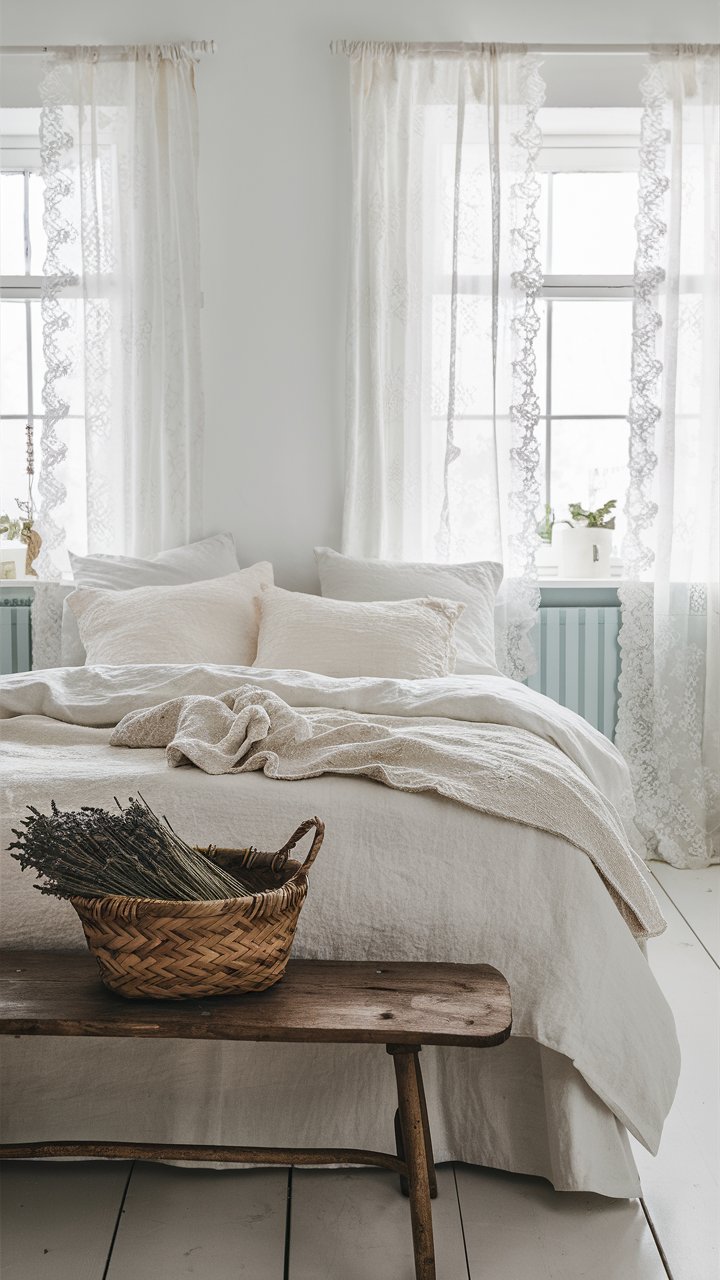 A bright, airy bedroom with lace curtains and linen bedding in soft white and cream tones. A vintage wooden bench sits at the foot of the bed, adorned with a woven basket filled with lavender bundles. The windows let in soft natural light, giving the room a dreamy feel.

Cozy bedroom ideas, cottagecore style, vintage lace curtains, cottage decor and design ideas for the master bedroom or teen bedroom.