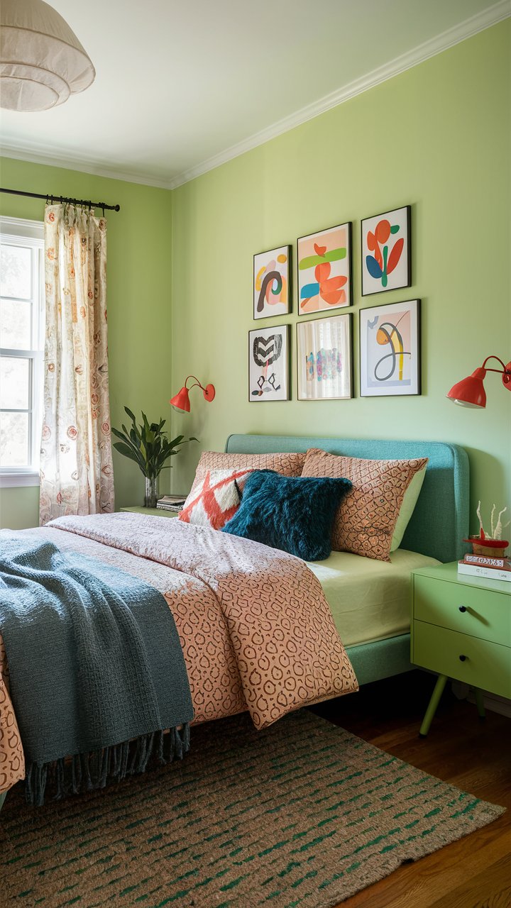 Walls painted in a soft pistachio green bring a cheerful, vintage vibe to the bedroom. A 1950s style bed is adorned with mid century modern-patterned bedding . Retro-style nightstands and a small gallery wall of mid century abstract art add charm.