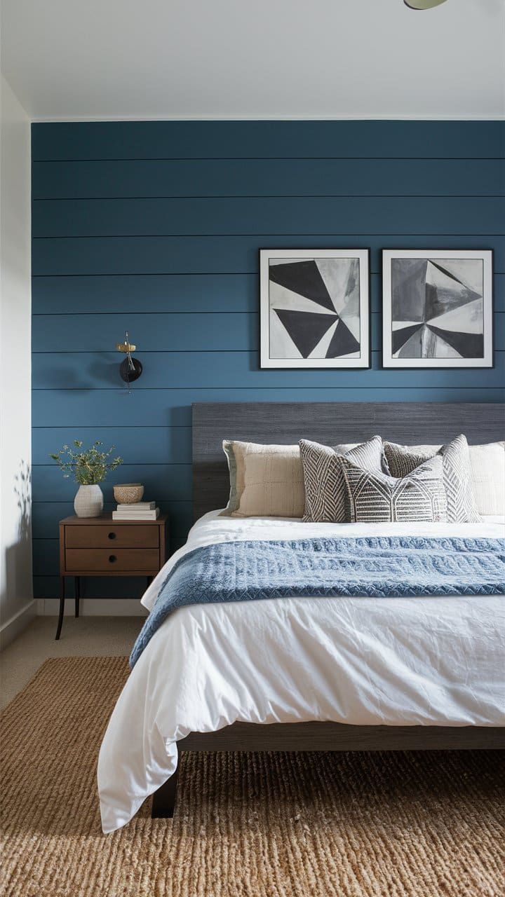 Modern, comfortable bedroom with a blue gray accent wall. Pairing this vibrant blue-gray color with simple decor keeps the space fresh and inviting.  

Gray headboard, blue accent wall, neutral bedding with a soft blue throw blanket and jute area rug.