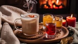 A cozy scene with a steaming mug of creamy hot drink and four colorful winter cocktails on a wooden tray, beside a warm blanket and glowing candles, with a fireplace burning in the background.