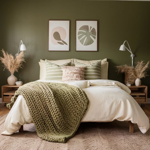 Dreamy olive green bedroom with chunky knit throw.