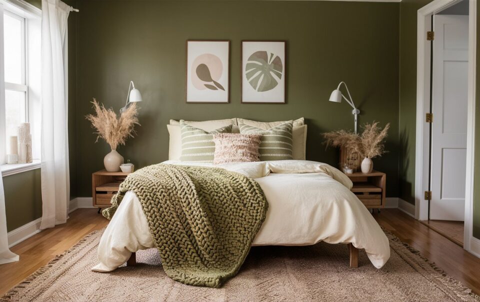 Dreamy olive green bedroom with chunky knit throw.