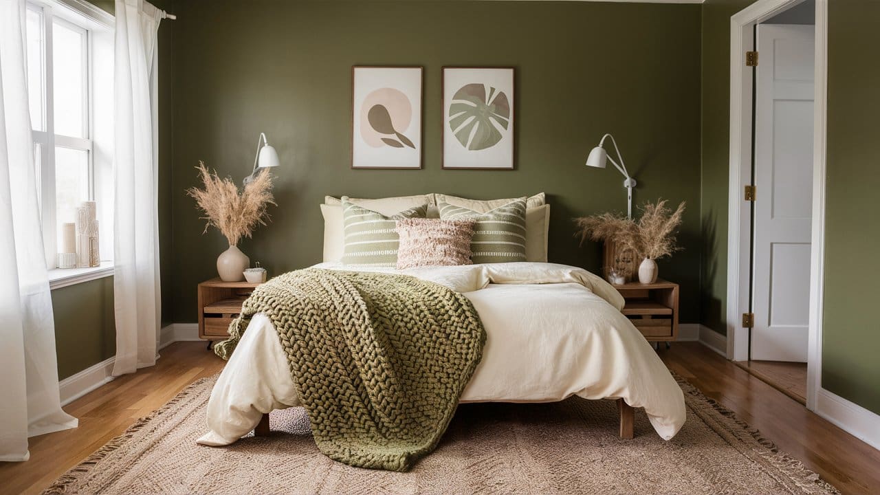 Dreamy olive green bedroom with chunky knit throw.