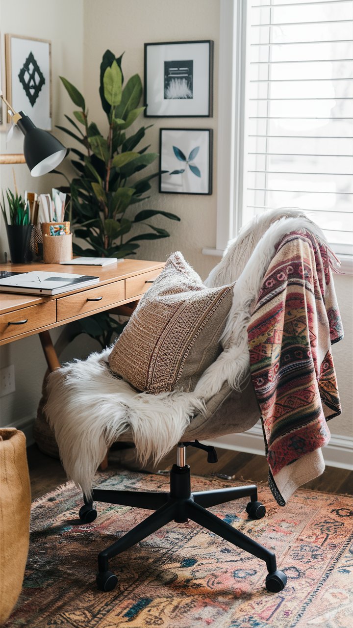 The office chair is draped with a faux fur throw, while a colorful, patterned blanket hangs over the backrest. A soft cushion adds extra comfort, making the workspace feel cozy and personal.