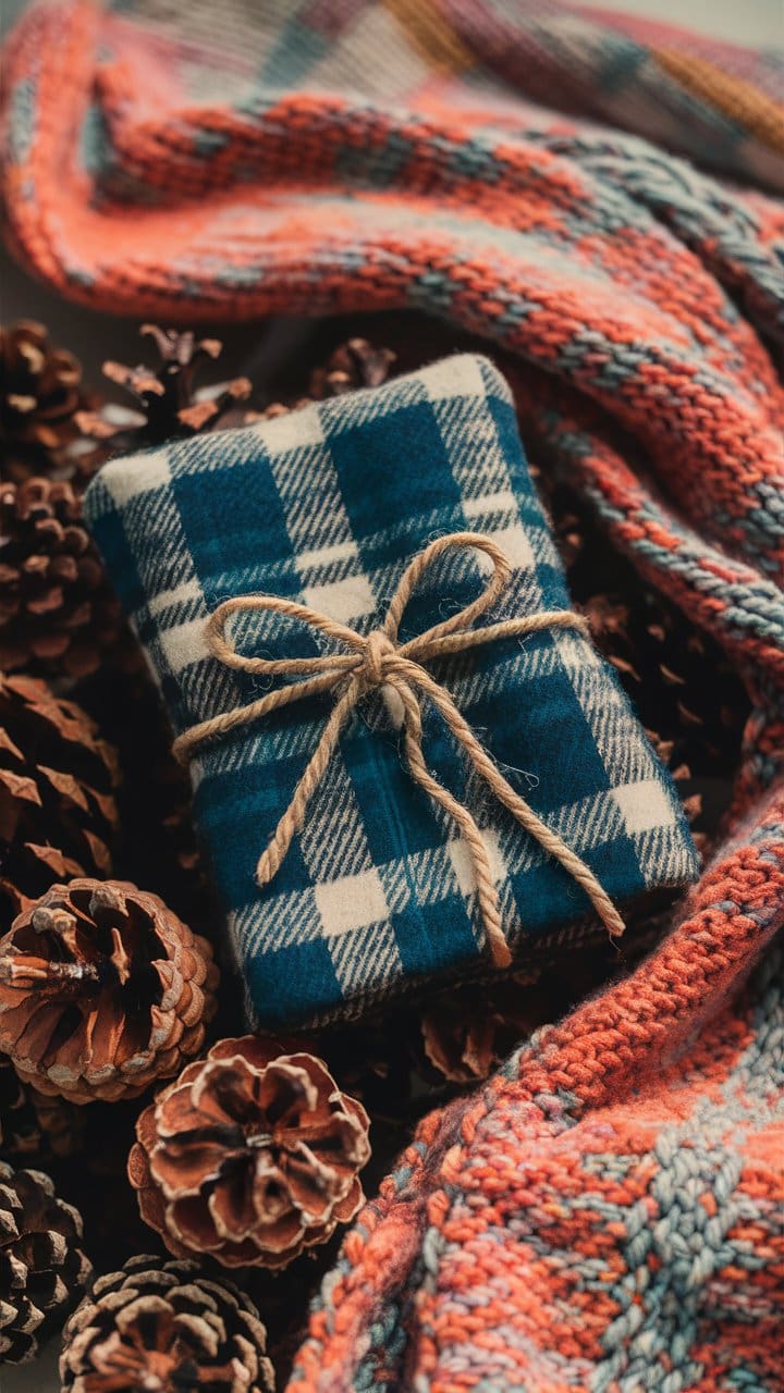 A pair of plaid flannel hand warmers tied with a twine bow, resting on a bed of pinecones and a soft knit scarf.

This low cost craft idea is perfect to make and sell at local markets or your online store.  