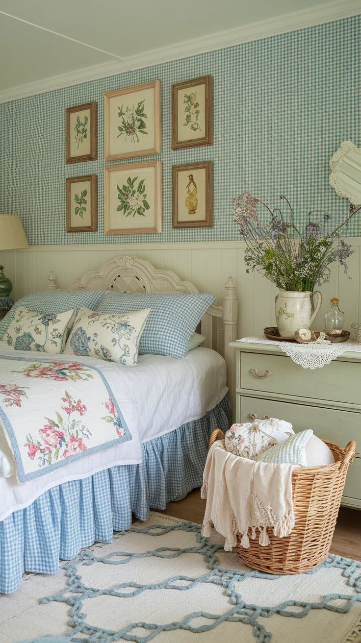 cheerful and airy cottagecore bedroom featuring soft blue gingham wallpaper paired with creamy white wainscoting for a classic countryside feel. A hand-carved white wooden bedframe is topped with layered blue-and-white checked quilts, floral-patterned pillows, and a ruffled linen bed skirt.