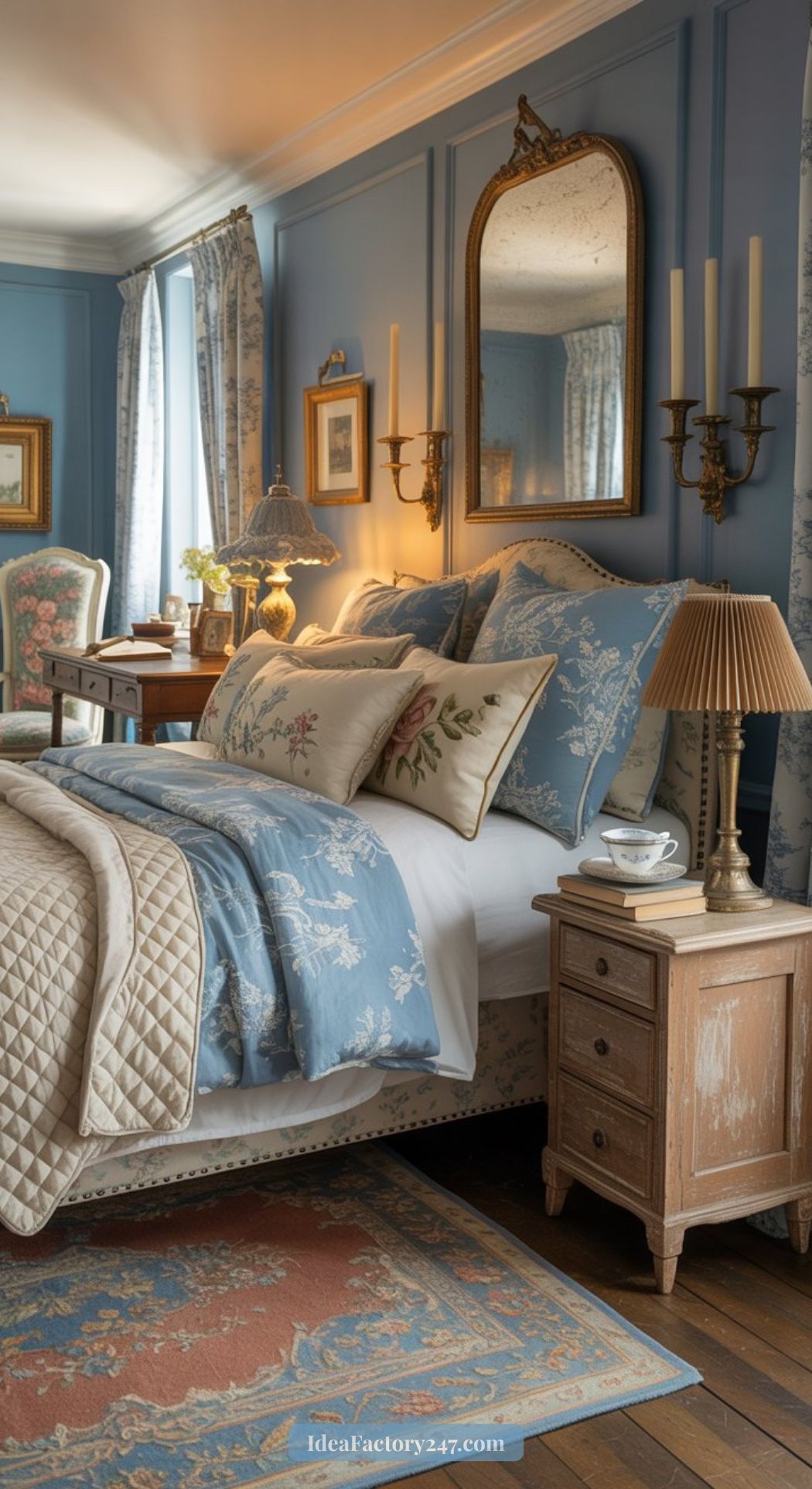 A cozy blue cottagecore bedroom with floral bedding, vintage wooden furniture, a large mirror, wall sconces, and framed art. A teacup rests on the bedside table as sunlight streams through the window adorned with floral curtains.