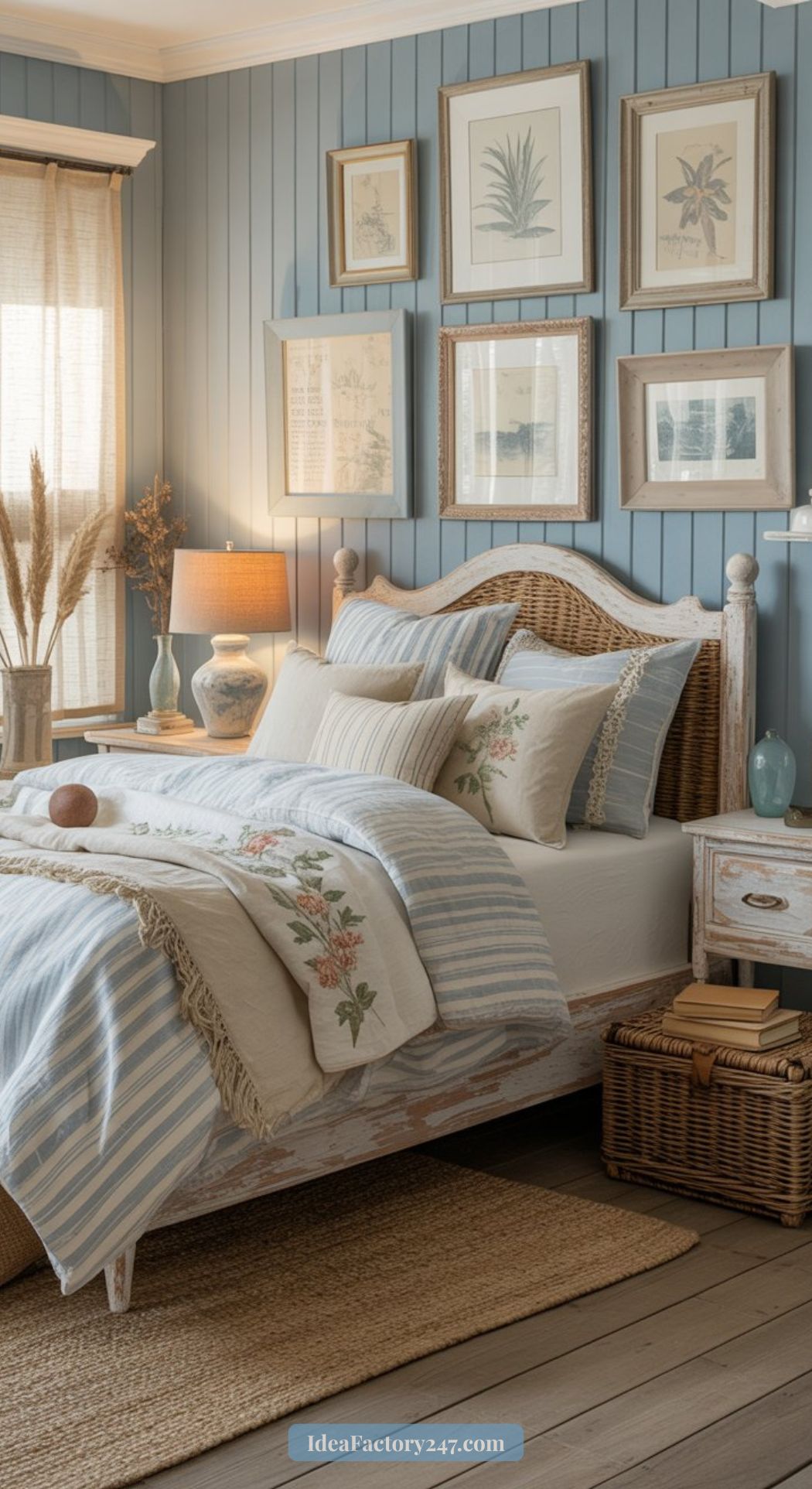 A cozy blue cottagecore bedroom with paneled walls, framed botanical prints, a wicker headboard, and a bed with striped and floral bedding. A nightstand with a lamp, basket, and accents completes the serene, rustic decor.