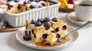 A slice of blueberry baked pancake, reminiscent of a Blueberry French Toast Casserole, is topped with fresh blueberries and powdered sugar. Syrup is being poured over it, with a fork, coffee cup, and fruit tray in the background.