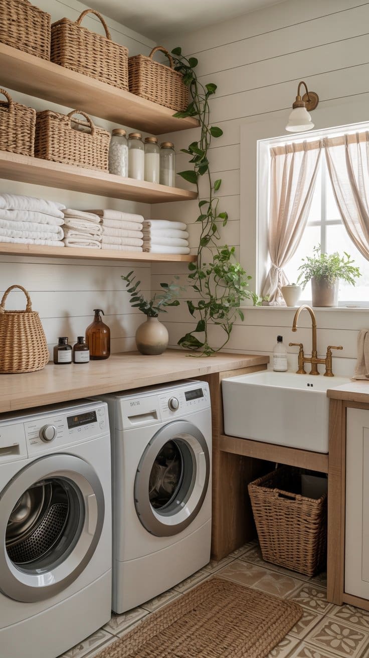 A cozy laundry room with two front-loading machines, wooden shelves holding wicker baskets, towels, and jars, a farmhouse sink, potted plants, a window with beige curtains, and light-colored decor.