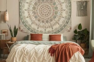 Cozy bedroom with a large mandala tapestry above the bed, rust and cream pillows, Boho Wall Decor accents, woven furniture, green plants, and soft lighting, creating a warm, boho-inspired atmosphere.