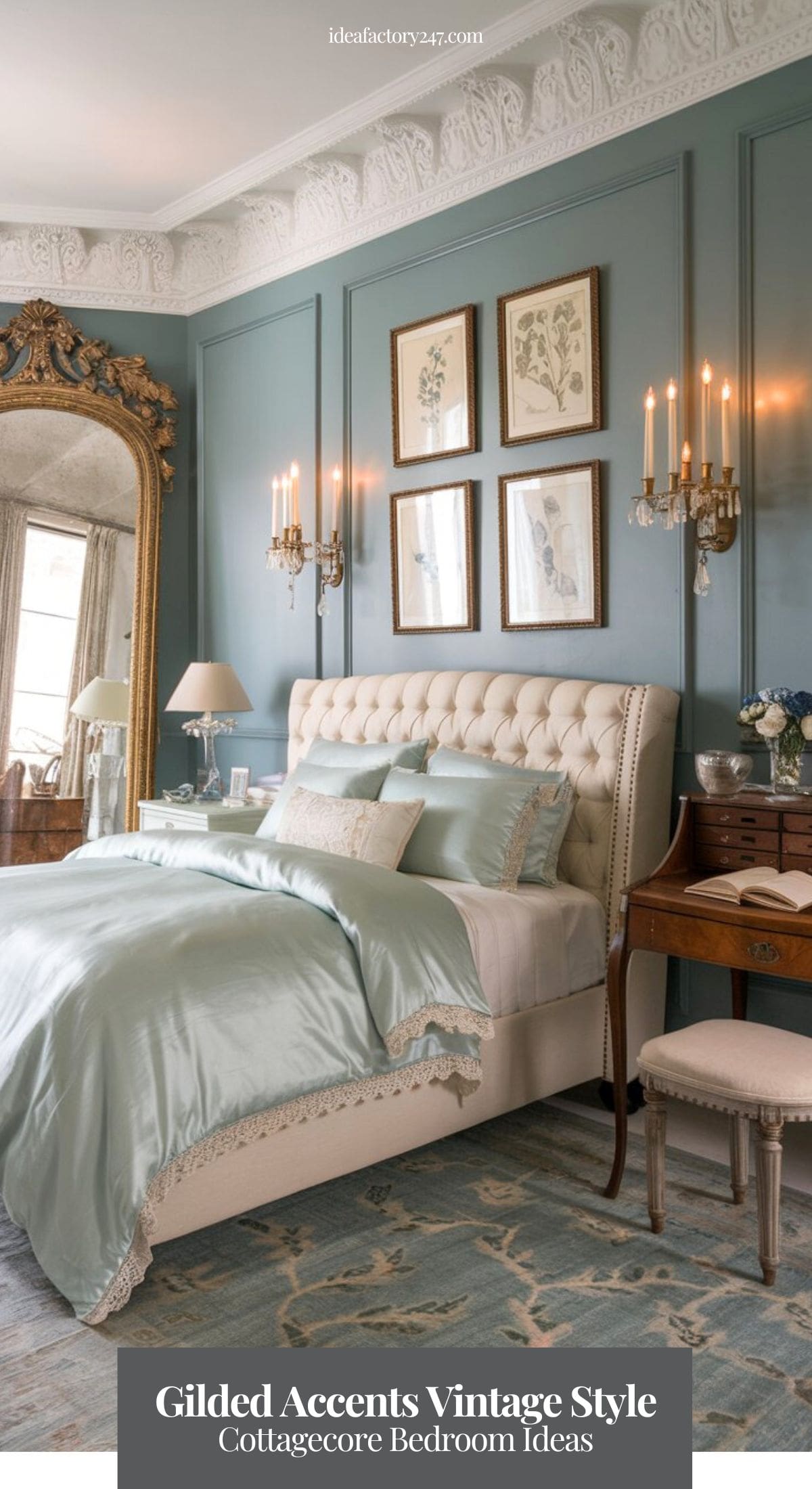 A sophisticated cottagecore bedroom featuring duck egg blue walls with intricate white crown molding. A vintage-inspired tufted bedframe in antique cream is dressed in soft blue satin bedding and delicate lace-trimmed pillowcases.