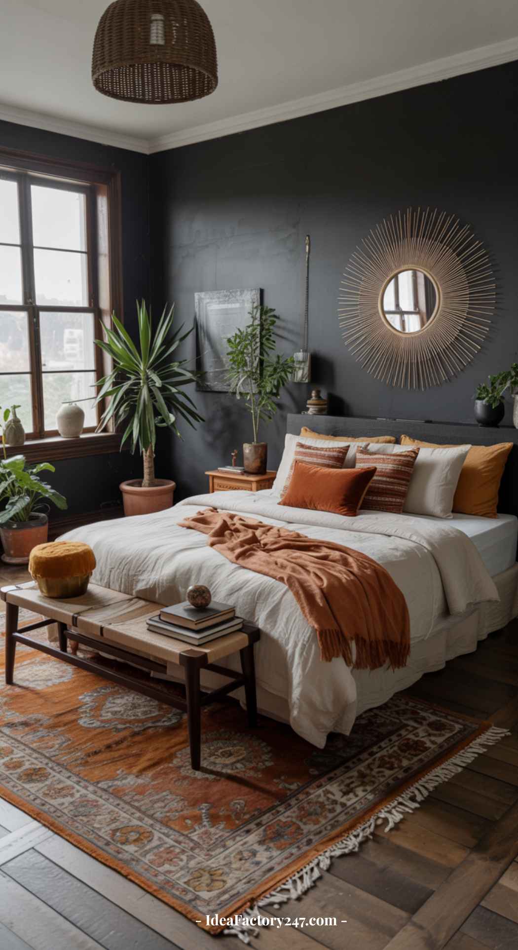 Cozy dark boho bedroom with a black accent wall, sunburst mirror, lush plants, white bed adorned with rust-colored pillows and blanket, wooden bench, and a patterned rug. Sunlight streams in from a large window.