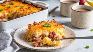 A plate of Cheesy Hash Brown & Sausage Casserole