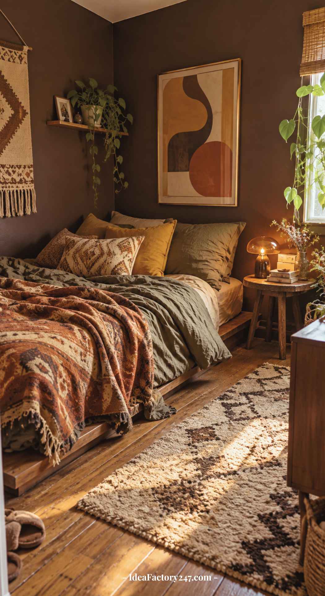 Cozy dark boho bedroom with earthy tones, patterned textiles, a woven rug, green plants, abstract art, and warm lighting from a lamp on a wooden nightstand.