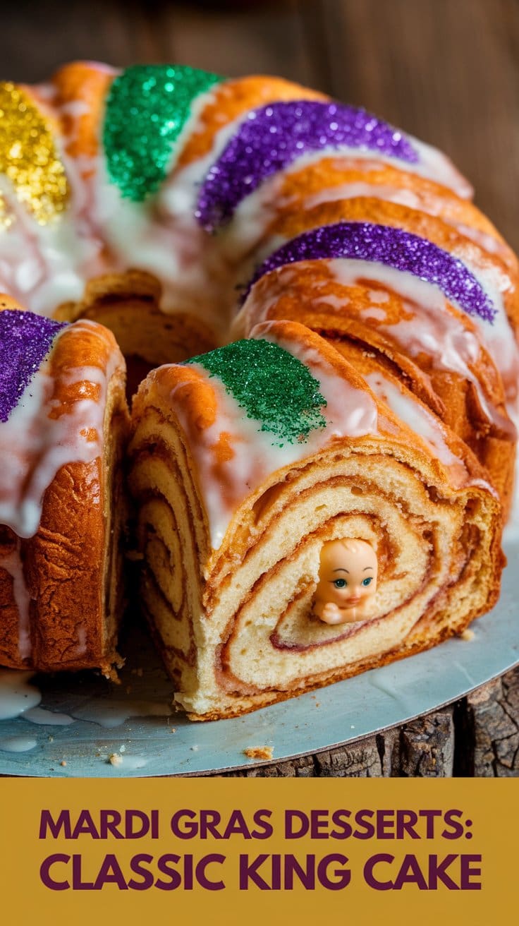 Unlock the Sweet Magic of Mardi Gras - 17 Dessert Recipes A golden, cinnamon-swirled pastry drizzled with glossy white glaze, topped with sparkling purple, green, and gold sugar. A hidden plastic baby figurine peeks from the slice, waiting to surprise the lucky guest.