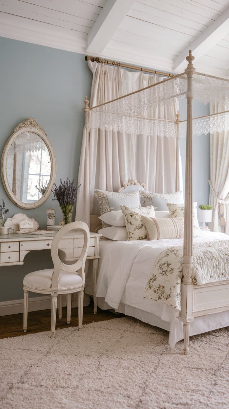 A soft and airy romantic bedroom featuring cloud blue-painted walls and a white wooden four-poster bed with sheer lace canopy drapes. The bedding is layered with delicate floral-print quilts and ivory silk pillowcases. A vintage oval mirror with a distressed white frame hangs above a dainty French-style vanity, adorned with handwritten love letters, dried lavender bouquets, and a small porcelain trinket box. A plush white shag rug covers the wooden floors, and white linen drapes tied back with velvet ribbons complete the ethereal, cottagecore aesthetic.