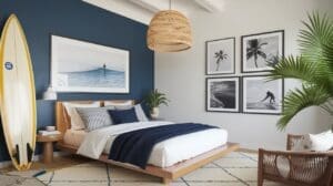 A modern bedroom with a blue accent wall, coastal bedroom decor like a surfboard and beach-themed artwork, a wooden bed with white and navy bedding, a large potted plant, wicker furniture, and a woven pendant light.