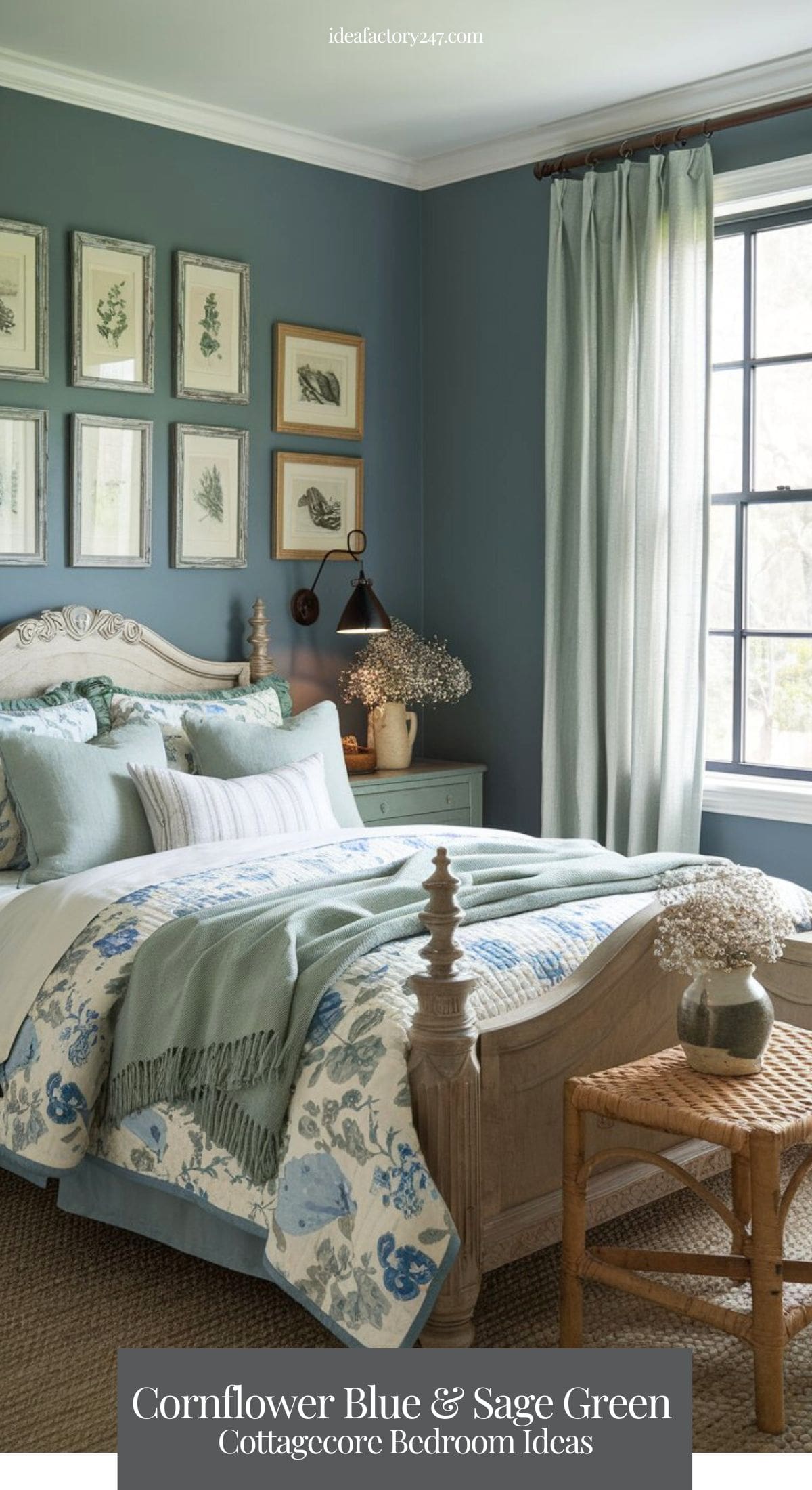 A nature-inspired country cottage bedroom with cornflower blue walls and sage green accents. A handcrafted wooden bed with carved detailing is layered with floral quilts in soft blue and cream, complemented by sage linen throw pillows.