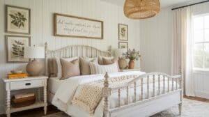 Bright, cozy white cottage bedroom with a white wooden bed, beige pillows, chunky knit blanket, wicker light fixture, botanical wall art, white nightstand, lamp, and sunlight streaming through sheer curtains.