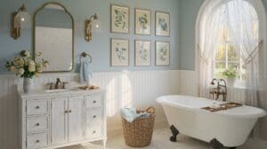 Bright, elegant cottagecore bathroom with a vintage clawfoot tub, vanity with mirror, floral wall art, wicker laundry basket, flowers in a vase, soft blue walls, and a large arched window with sheer white curtains letting in sunlight.