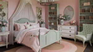 A cozy vintage retreat inspired by cottagecore bedroom ideas, featuring pastel pink walls, a mint green bed with floral bedding, a lace canopy, oval mirror, floral decor, bookshelves, mint armchair, and a round pink rug.