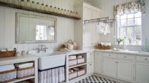 Bright farmhouse cottagecore laundry room with white shiplap walls, vintage sink, baskets of towels, glass bottles on a shelf, a drying rack with linens, checkered tile floor, and a window with floral curtain.