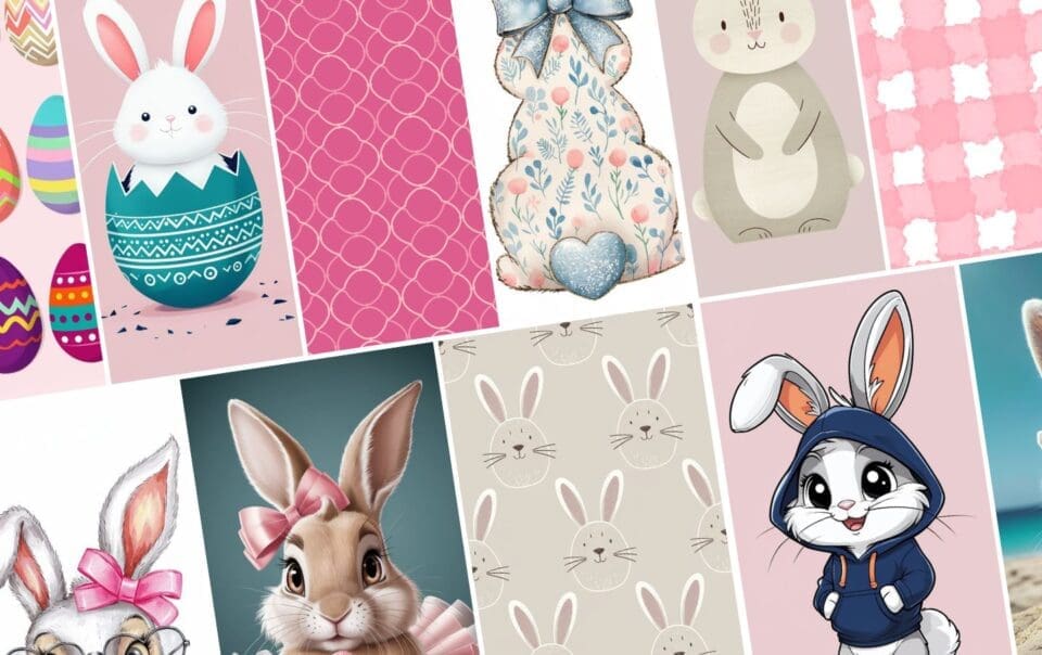 A collage of illustrated bunnies in various styles and outfits on a pink and beige background. Some bunnies are decorated with bows or patterns, while others have cute expressions. The background features Easter eggs and abstract designs.