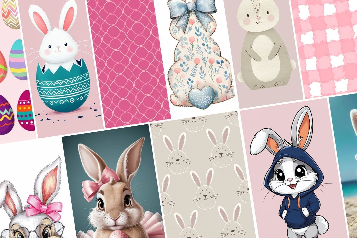 A collage of illustrated bunnies in various styles and outfits on a pink and beige background. Some bunnies are decorated with bows or patterns, while others have cute expressions. The background features Easter eggs and abstract designs.