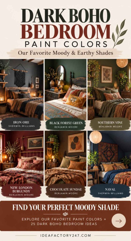 Collage of six dark boho bedroom images, each labeled with a paint color and brand, showcasing moody decor in earthy tones. The header reads Dark Boho Bedroom Paint Colors, perfectly capturing the rich textures and inviting ambiance of a stylish, dark boho bedroom retreat.