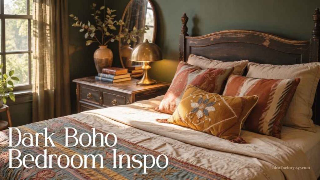 Cozy dark boho bedroom with deep green walls, a wooden bed, patterned pillows, a quilt, vintage nightstand, books, and a brass lamp. Sunlight streams through the window. Text reads Dark Boho Bedroom Inspo.