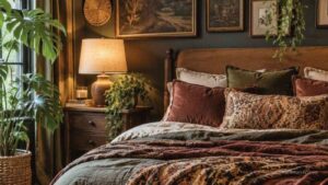 Cozy dark boho bedroom with earth-toned bedding, leafy plants, a lit lamp on a wooden nightstand, and framed art on moody walls. A large window lets in natural light.