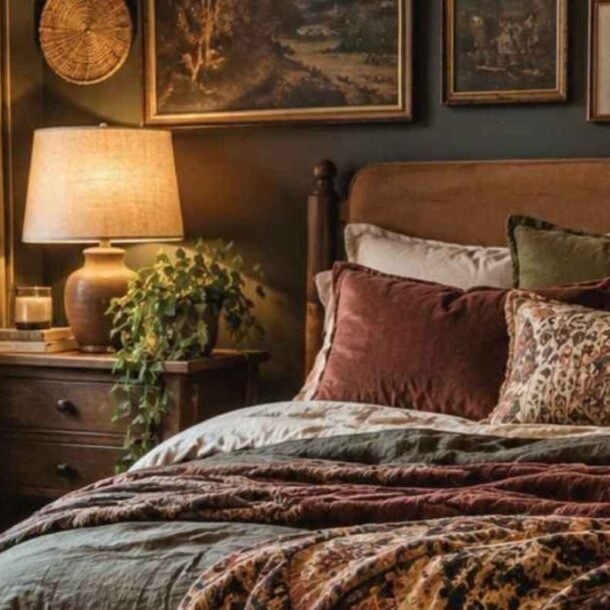 Cozy dark boho bedroom with earth-toned bedding, leafy plants, a lit lamp on a wooden nightstand, and framed art on moody walls. A large window lets in natural light.