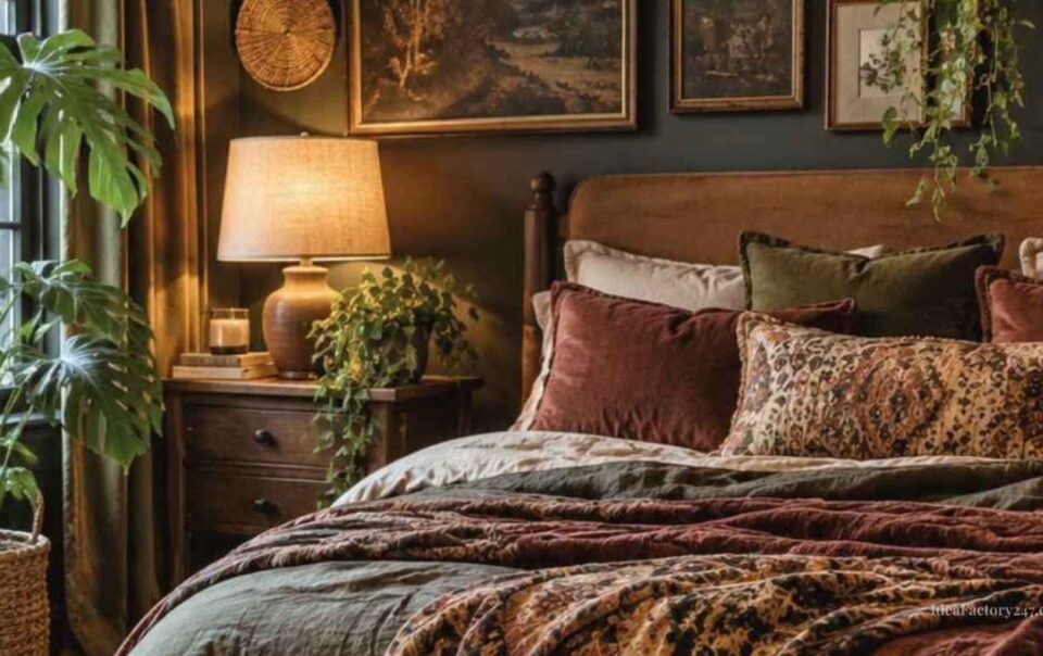 Cozy dark boho bedroom with earth-toned bedding, leafy plants, a lit lamp on a wooden nightstand, and framed art on moody walls. A large window lets in natural light.