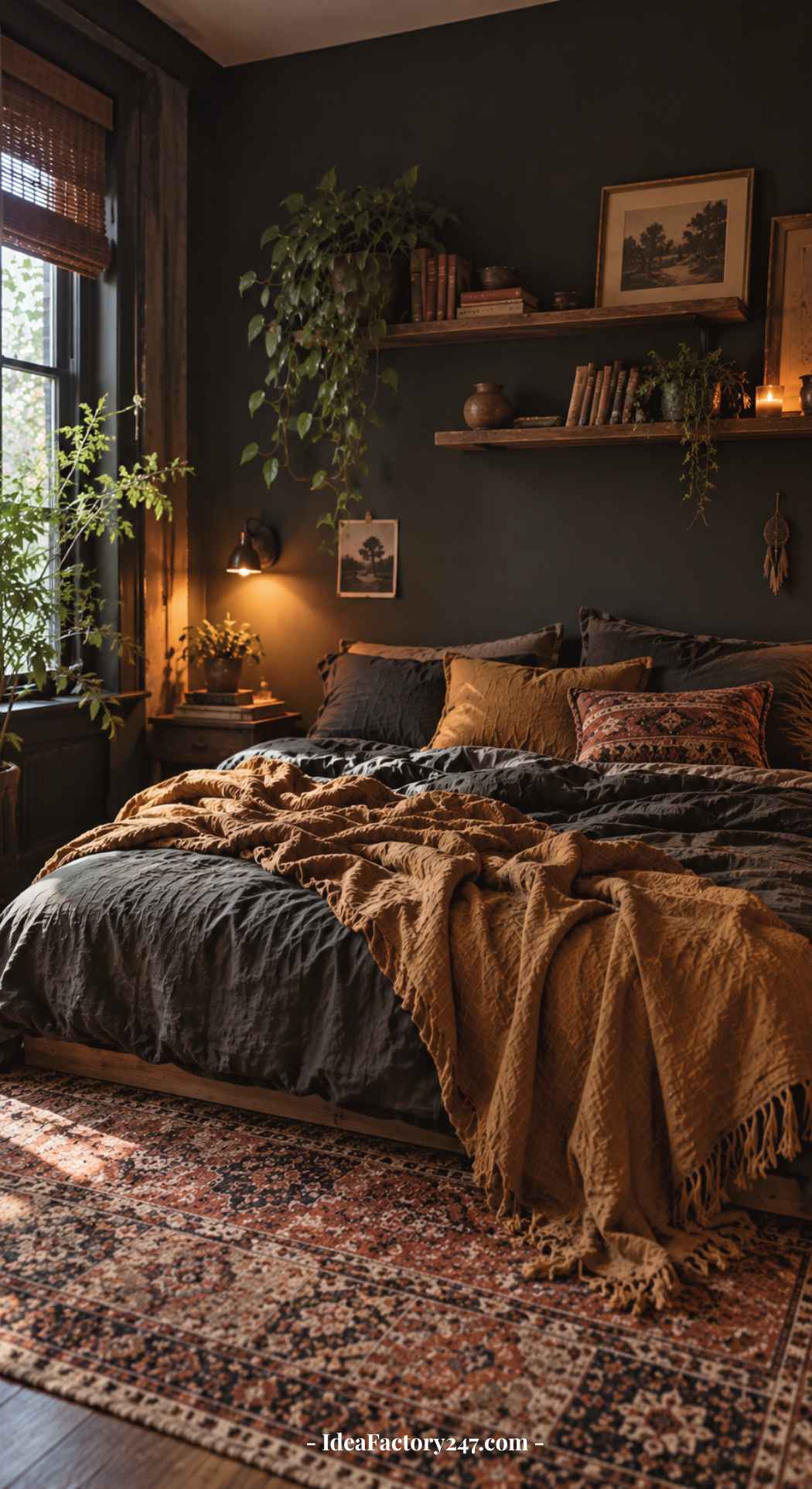Cozy dark boho bedroom with deep-hued walls, warm lighting, a large bed adorned with brown and mustard bedding, a patterned rug, lush houseplants, and wooden shelves holding books and decor. Sunlight streams through the window, enhancing the inviting atmosphere.
