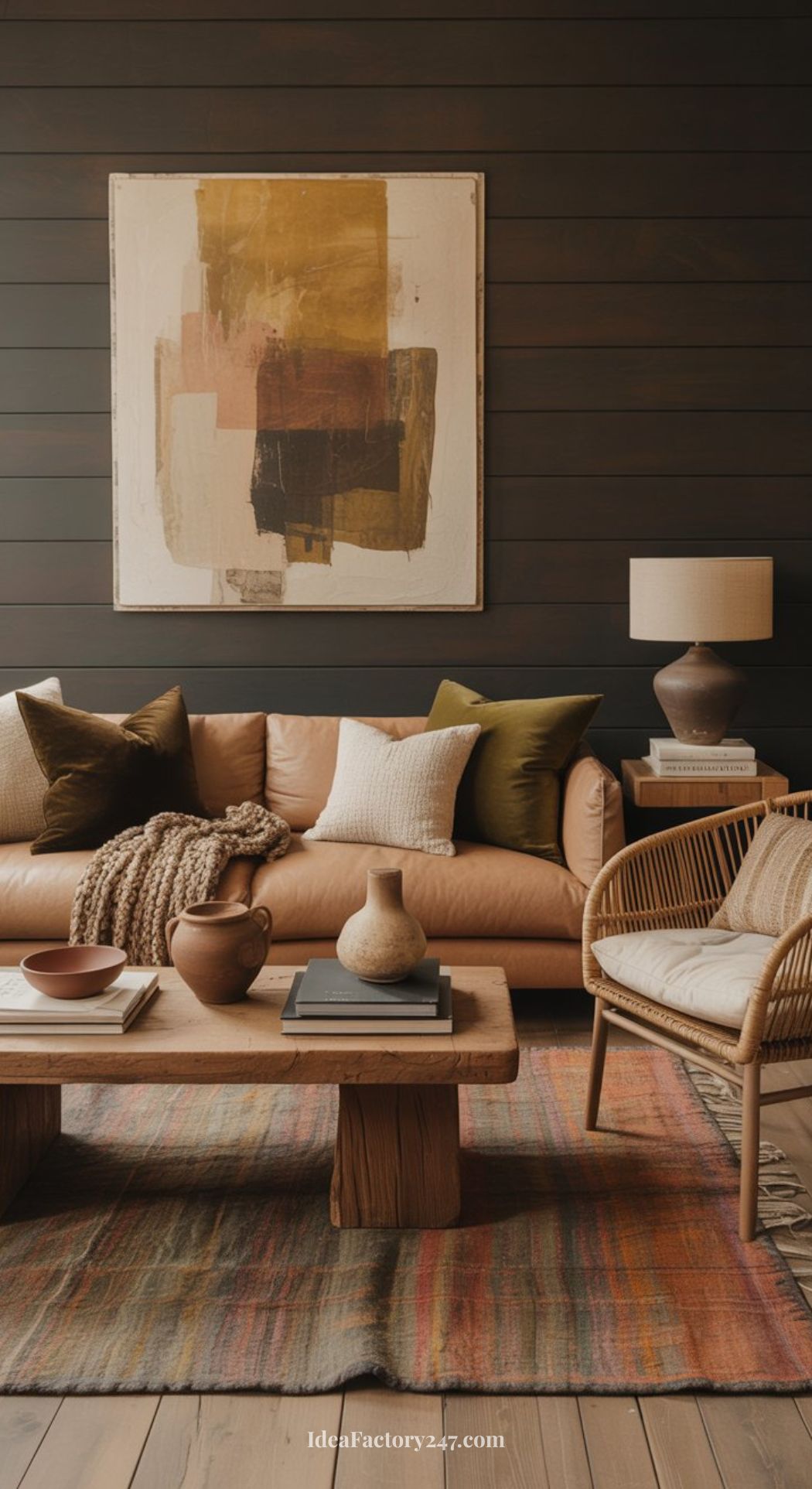 A cozy, earthy living room with a tan leather sofa, assorted throw pillows, a knit blanket, a wooden coffee table with decor, a wicker chair, and abstract art on a dark paneled wall creates a warm, modern atmosphere.