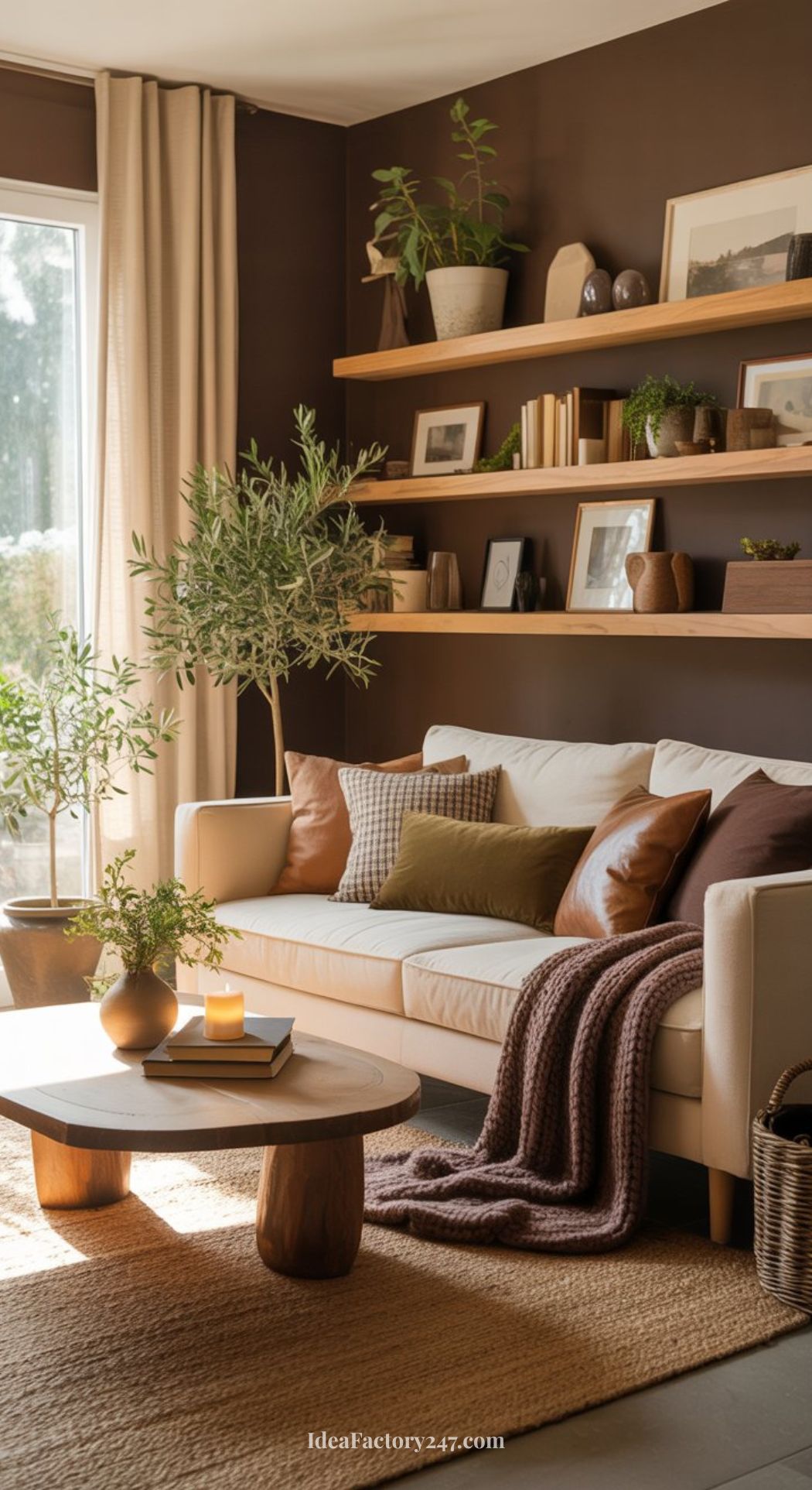 An earthy living room with brown walls, a beige sofa adorned with assorted pillows and a knit blanket, wooden coffee table, potted plants, and shelves displaying books and decor. Sunlight gently streams in through the window.