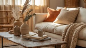 A cozy, earthy living room features a beige sofa, textured pillows, a knitted throw, and a wooden coffee table with ceramic vases, books, and a steaming mug. Warm sunlight filters through sheer curtains in the background.