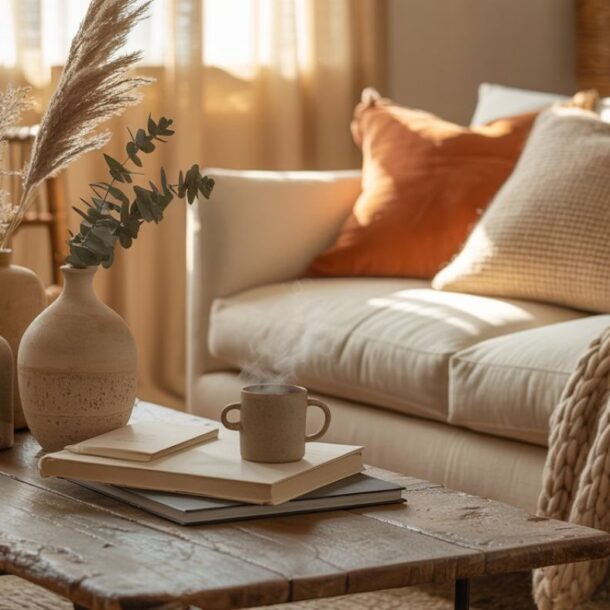 A cozy, earthy living room features a beige sofa, textured pillows, a knitted throw, and a wooden coffee table with ceramic vases, books, and a steaming mug. Warm sunlight filters through sheer curtains in the background.