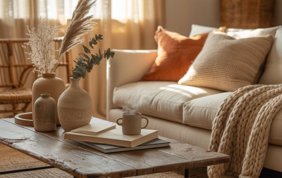 A cozy, earthy living room features a beige sofa, textured pillows, a knitted throw, and a wooden coffee table with ceramic vases, books, and a steaming mug. Warm sunlight filters through sheer curtains in the background.