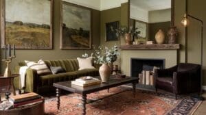 Cozy Olive Green & Rich Brown Living Room with Rustic Charm