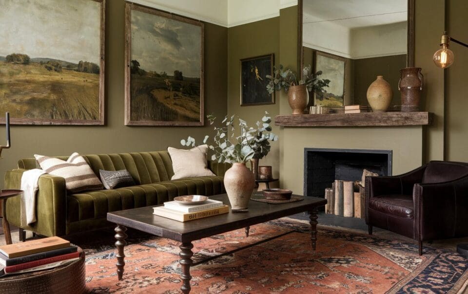 Cozy Olive Green & Rich Brown Living Room with Rustic Charm