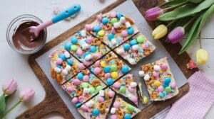Colorful Easter bark topped with pretzels, mini marshmallows, and chocolate eggs sits on a cutting board with tulips nearby and a jar of melted chocolate beside it.
