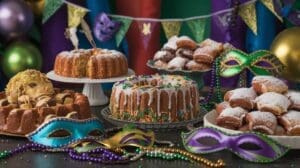 A festive Mardi Gras dessert table with iced bundt cakes, powdered beignets, mardi gras desserts, colorful masks, beads, and bright banners, all set against a green backdrop decorated with masks and balloons.