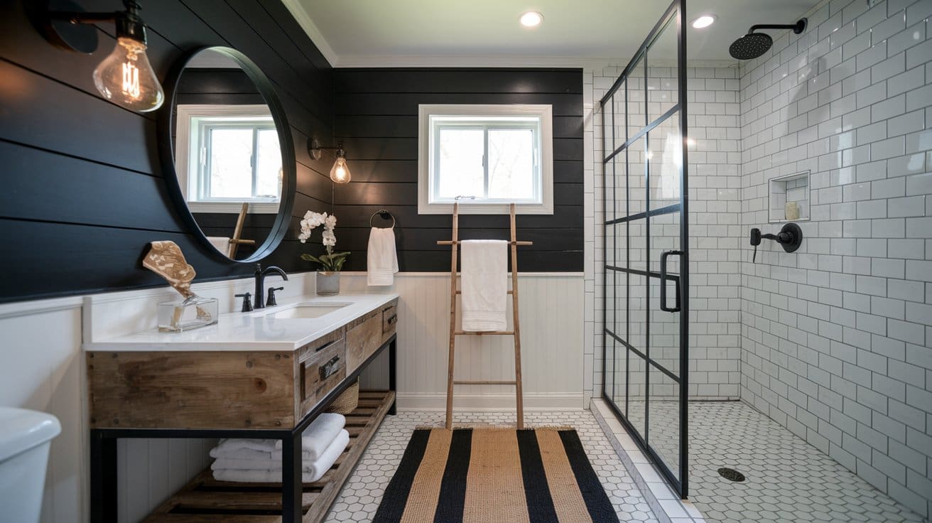 Black and white farmhouse style bathroom