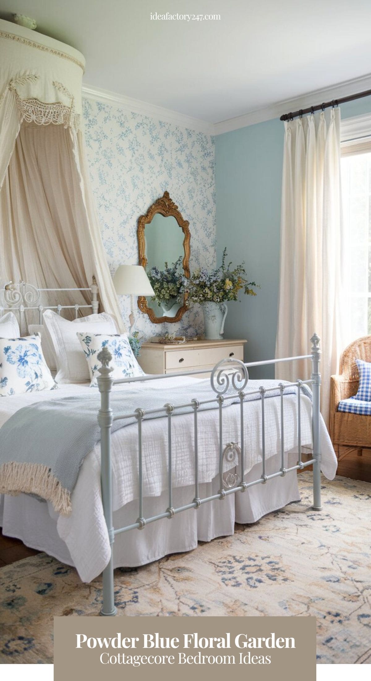 A serene soft blue cottagecore bedroom featuring a powder blue iron bedframe with delicate scrollwork, layered with white linen bedding and soft blue floral throw pillows. The walls are painted a pale sky blue, with an accent wall covered in delicate white and blue floral wallpaper.
